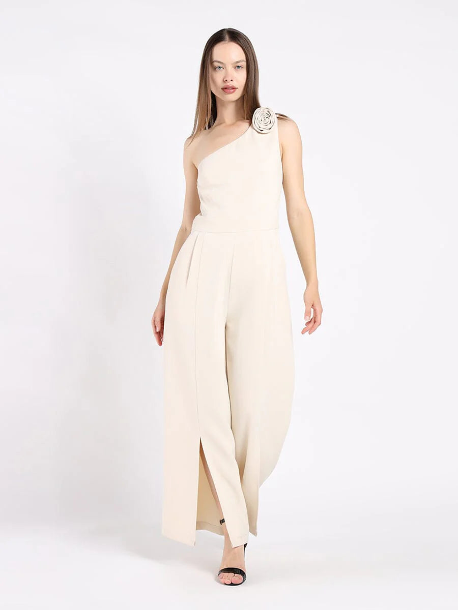 One Shoulder Flower Detail Wide Leg Jumpsuit