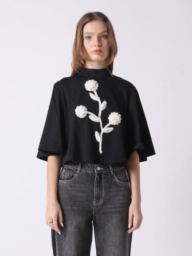Choir Boy Sleeved Solid Top with Knitted Flower