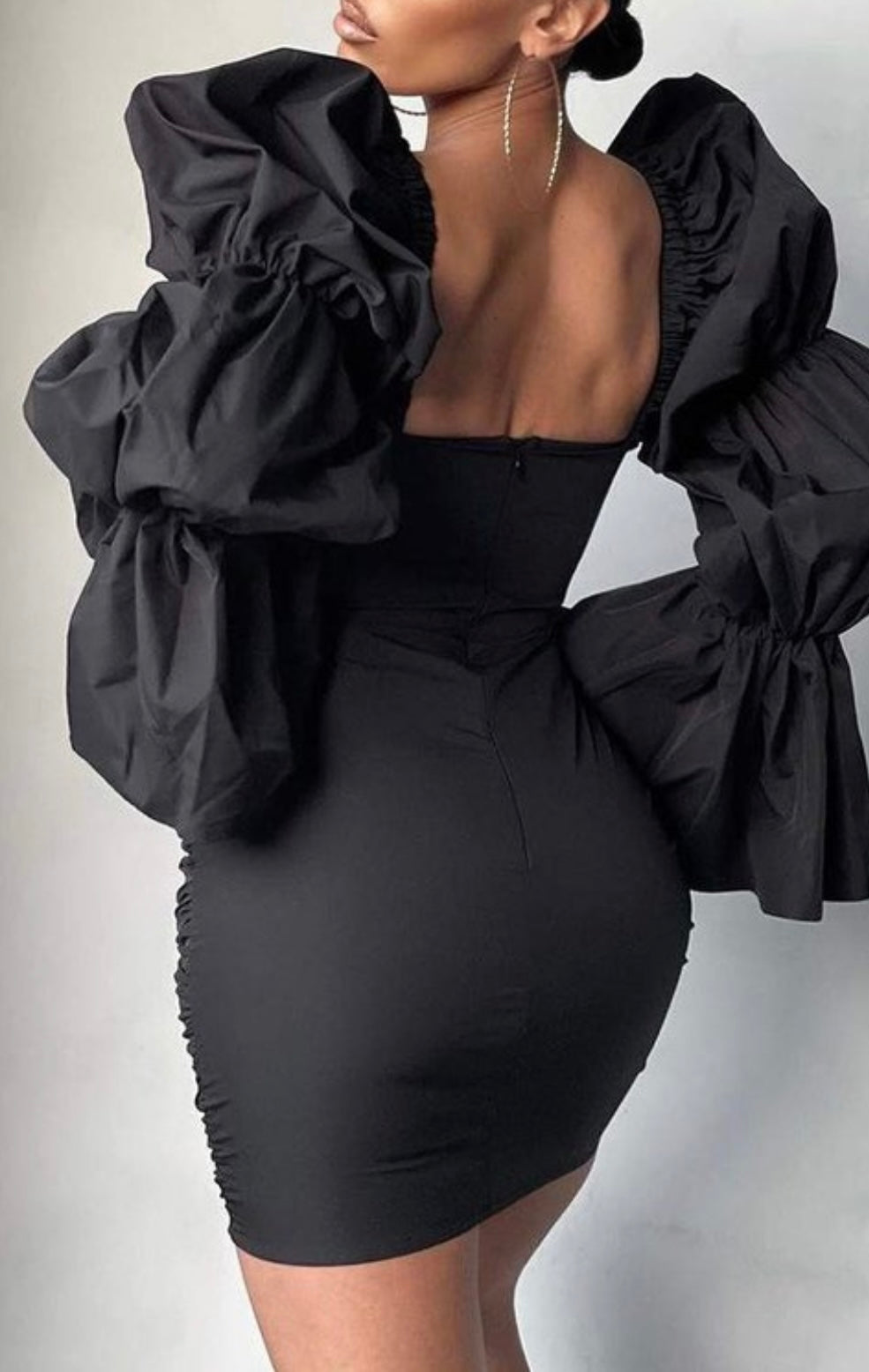 PUFF BELL SLEEVE RUCHED BODYCON DRESS