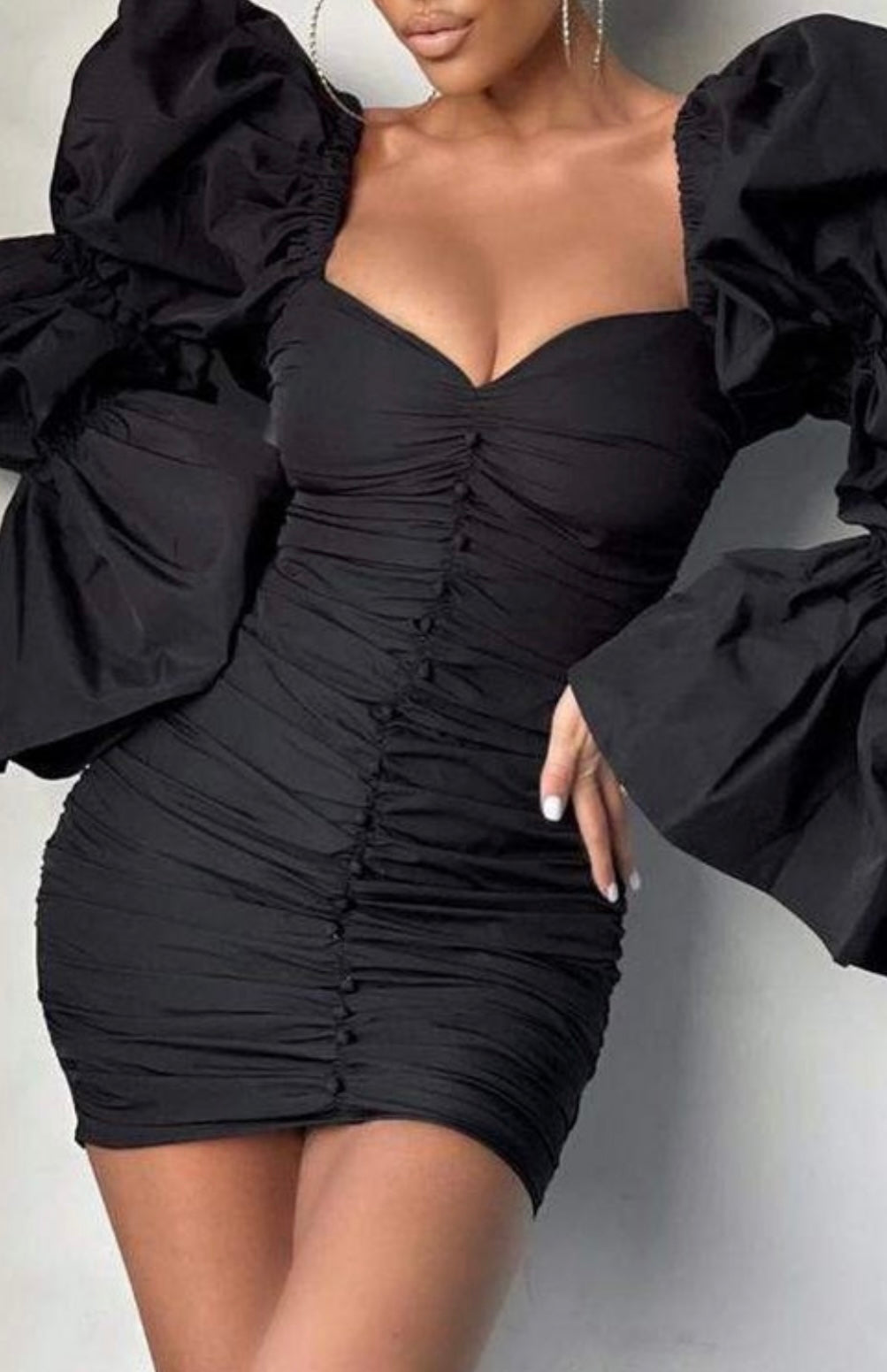 PUFF BELL SLEEVE RUCHED BODYCON DRESS