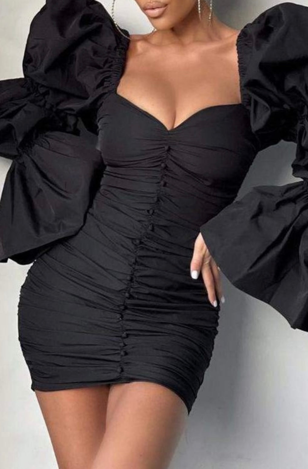 PUFF BELL SLEEVE RUCHED BODYCON DRESS