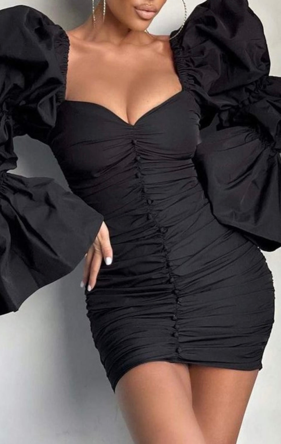 PUFF BELL SLEEVE RUCHED BODYCON DRESS