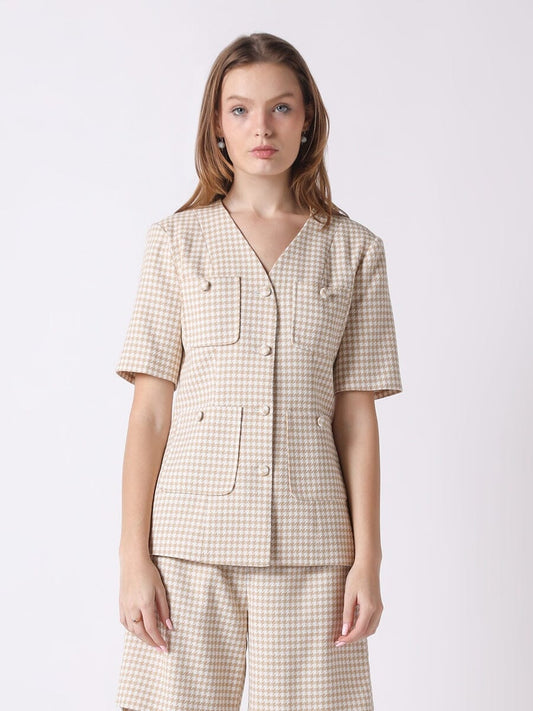 Houndstooth Pattern V Neck Half Sleeve Jacket