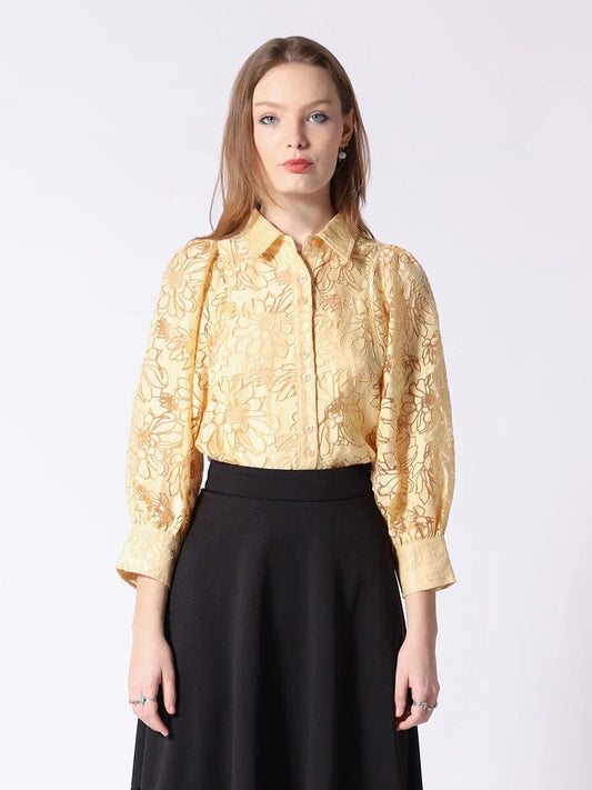 Sheer Flower Pattern Collar Button Down Blouse.