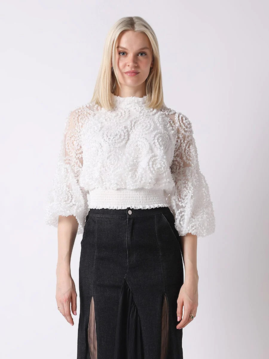 Three-Dimensional Flower Top with Puff Sleeves