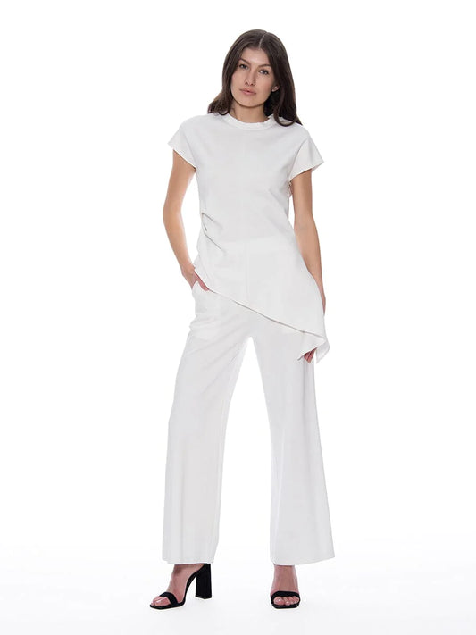 Set Spanx Wide Leg Pants With Elastic White and Thick long sleeve shirt with waist tie.