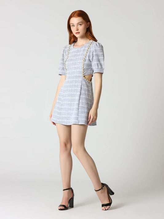 Pearl Detail Side CutOut Flare Mini Dress in Tweed
