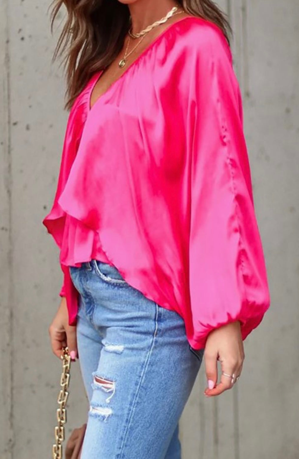 Satin Cape Sleeve Blouse with Back Tie