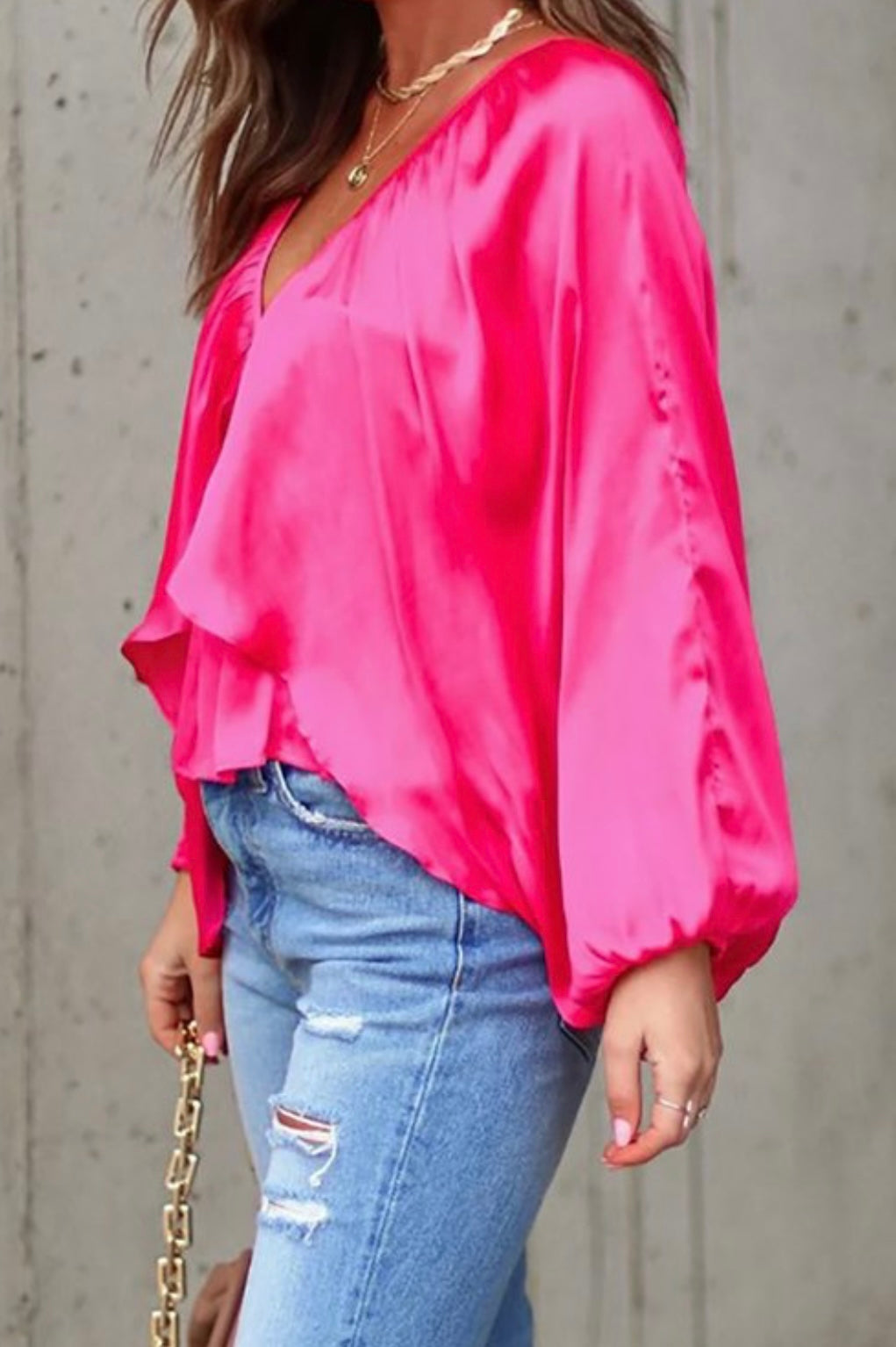 Satin Cape Sleeve Blouse with Back Tie