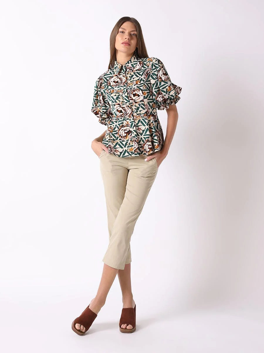 Balloon Sleeve Fitted Rose Print Peplum Blouse