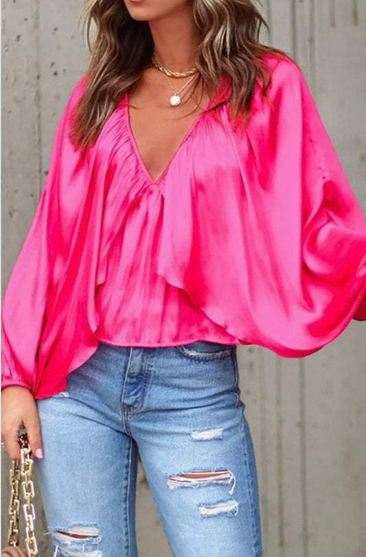 Satin Cape Sleeve Blouse with Back Tie