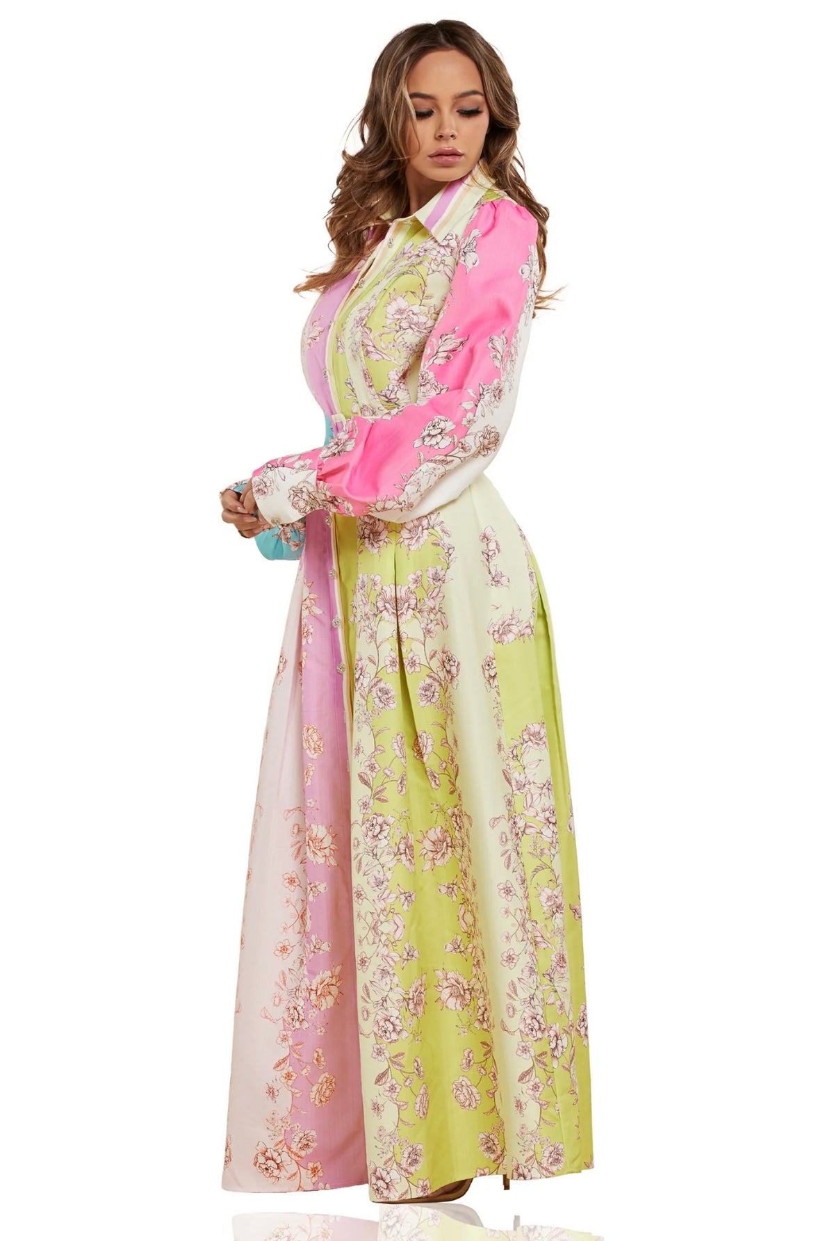 Floral print color block maxi dress.