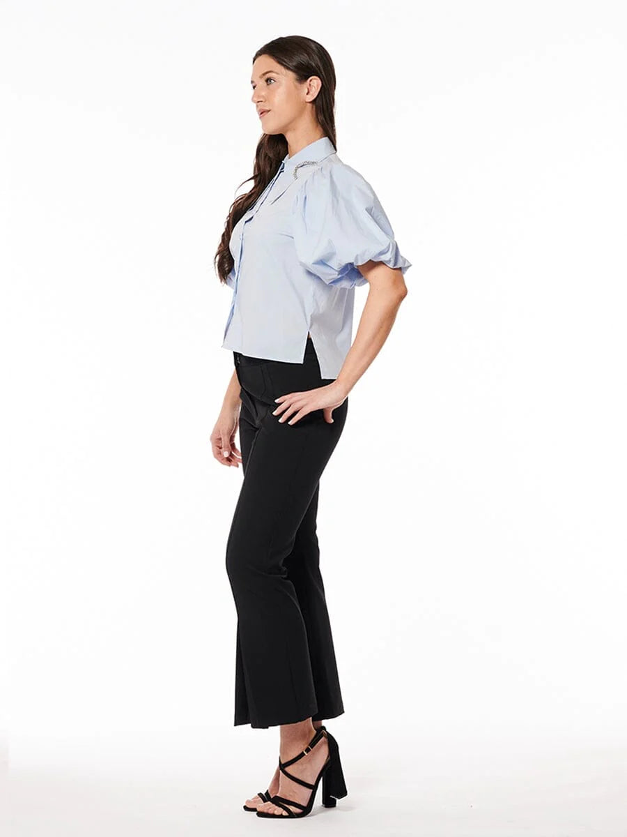 Jewelled Collar Button-up Shirt W/ Puff Sleeves