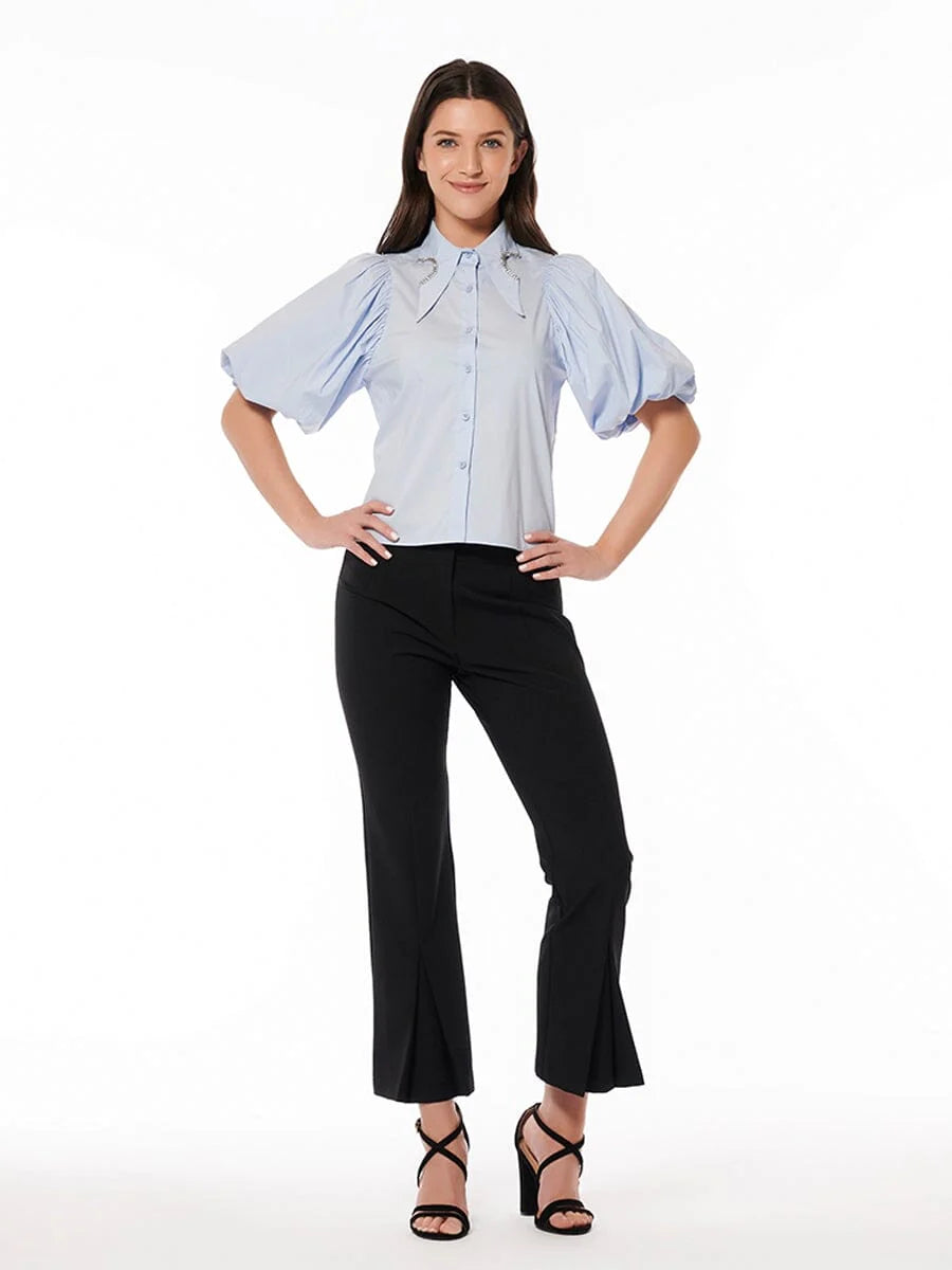 Jewelled Collar Button-up Shirt W/ Puff Sleeves