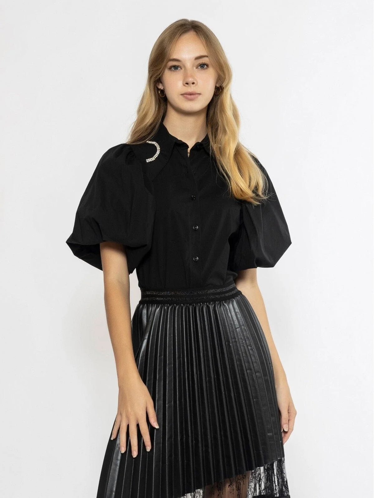 Jewelled Collar Button-up Shirt W/ Puff Sleeves