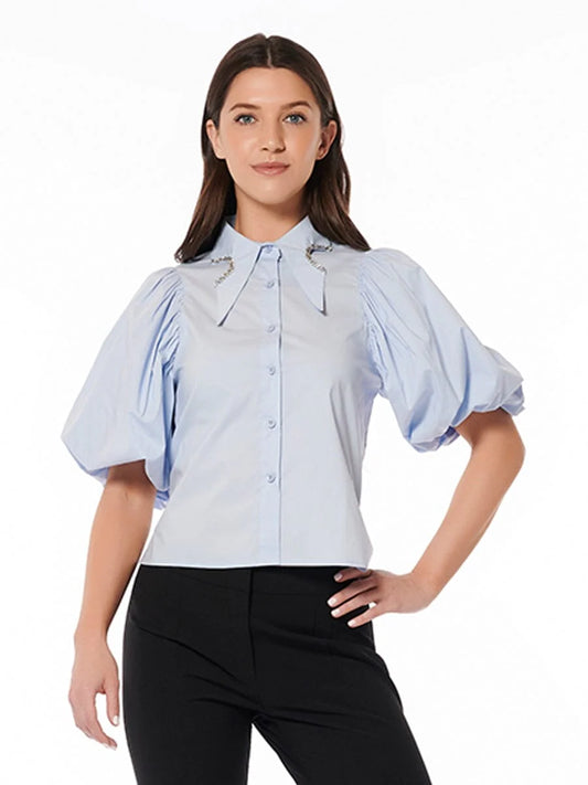 Jewelled Collar Button-up Shirt W/ Puff Sleeves