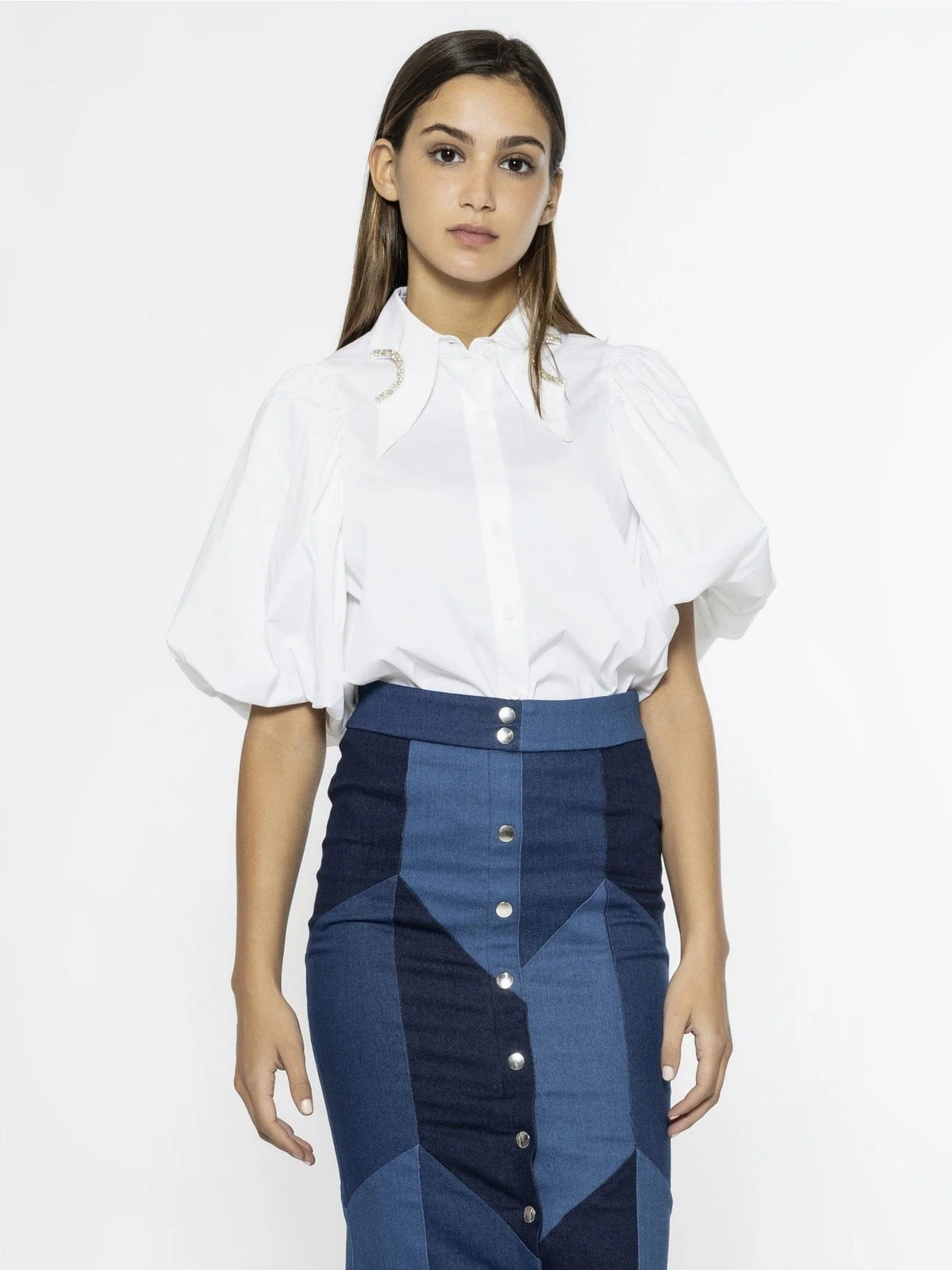 Jewelled Collar Button-up Shirt W/ Puff Sleeves