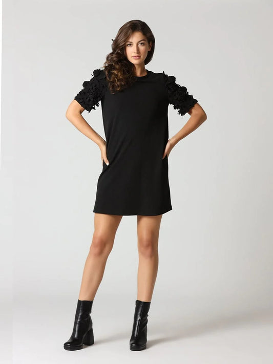 Relaxed Fit Mini Dress wFlower Ruffle on Sleeves