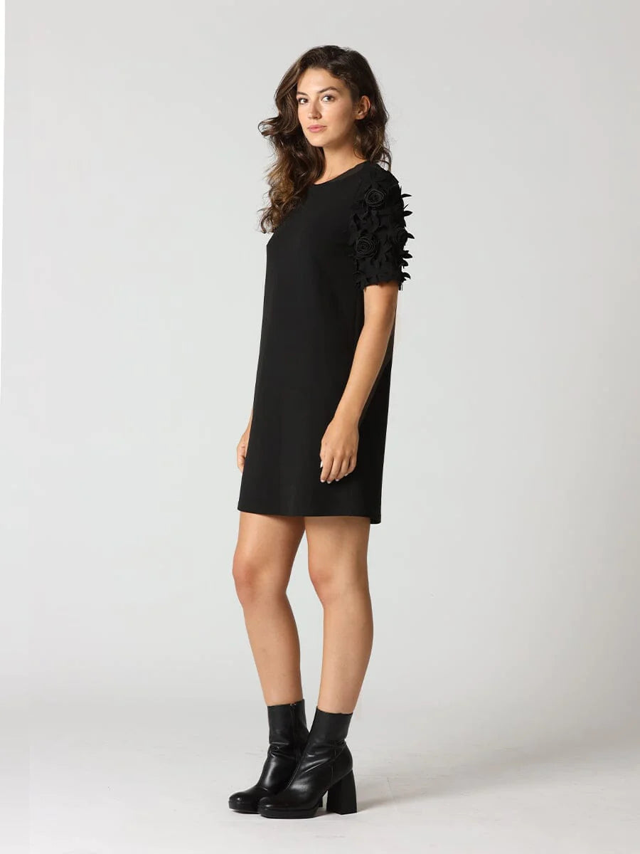 Relaxed Fit Mini Dress wFlower Ruffle on Sleeves