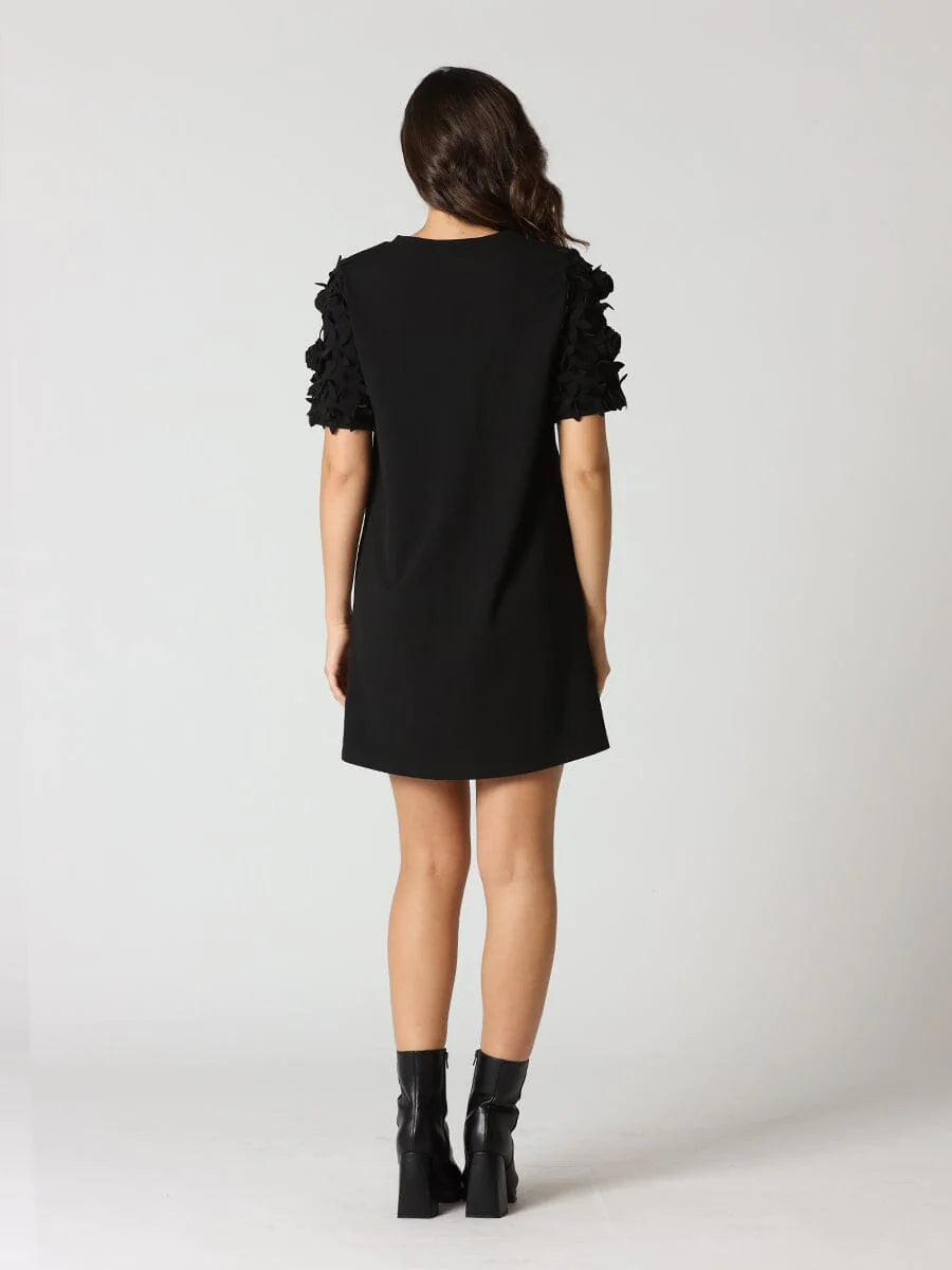 Relaxed Fit Mini Dress wFlower Ruffle on Sleeves