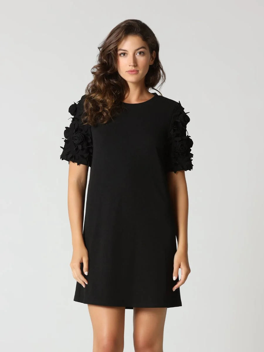 Relaxed Fit Mini Dress wFlower Ruffle on Sleeves