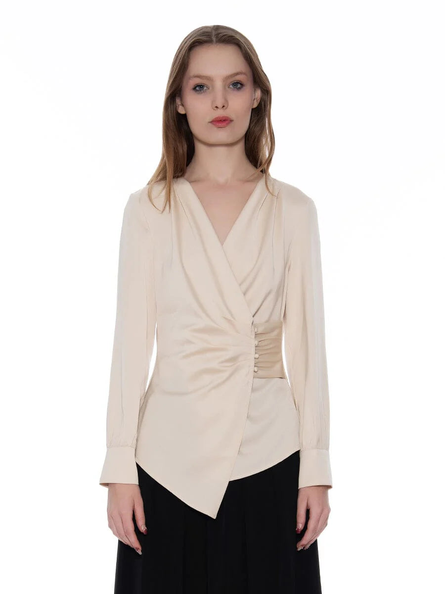 Satin V-Neck Wrap Long Sleeve Top