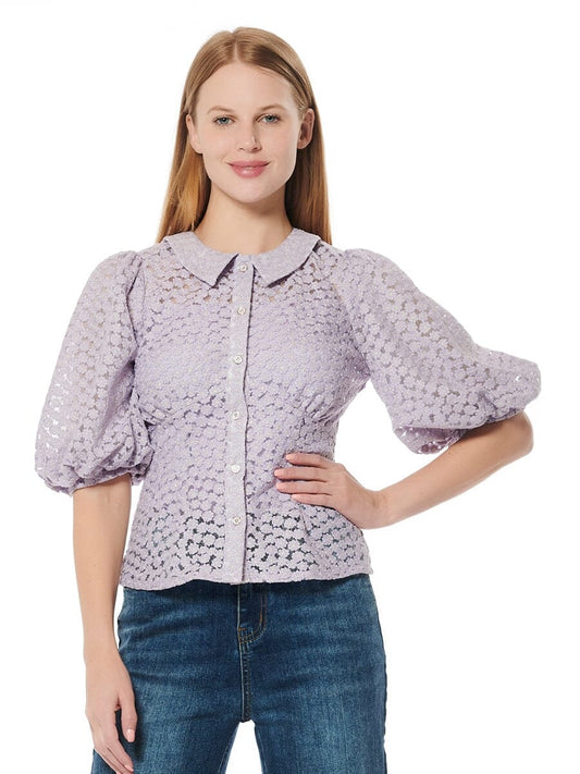 SHEER PETERPAN COLLAR BUTTON-DOWN TOP W/PUFF SLEEV