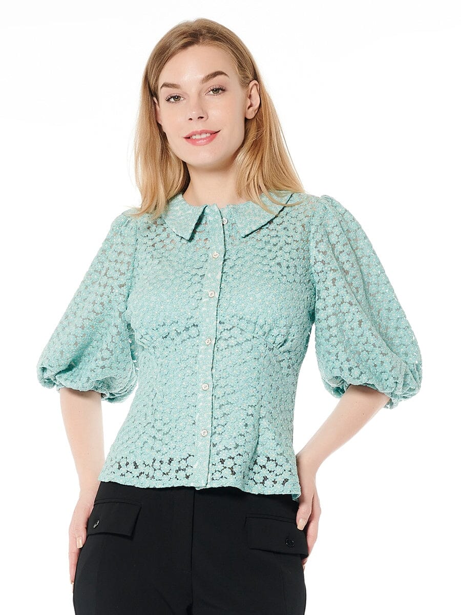 SHEER PETERPAN COLLAR BUTTON-DOWN TOP W/PUFF SLEEV