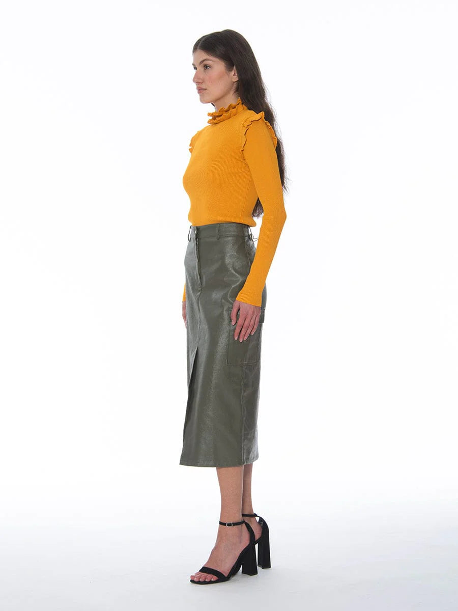 Shiny Semi-Metalic Easy Cargo Skirt in Olive