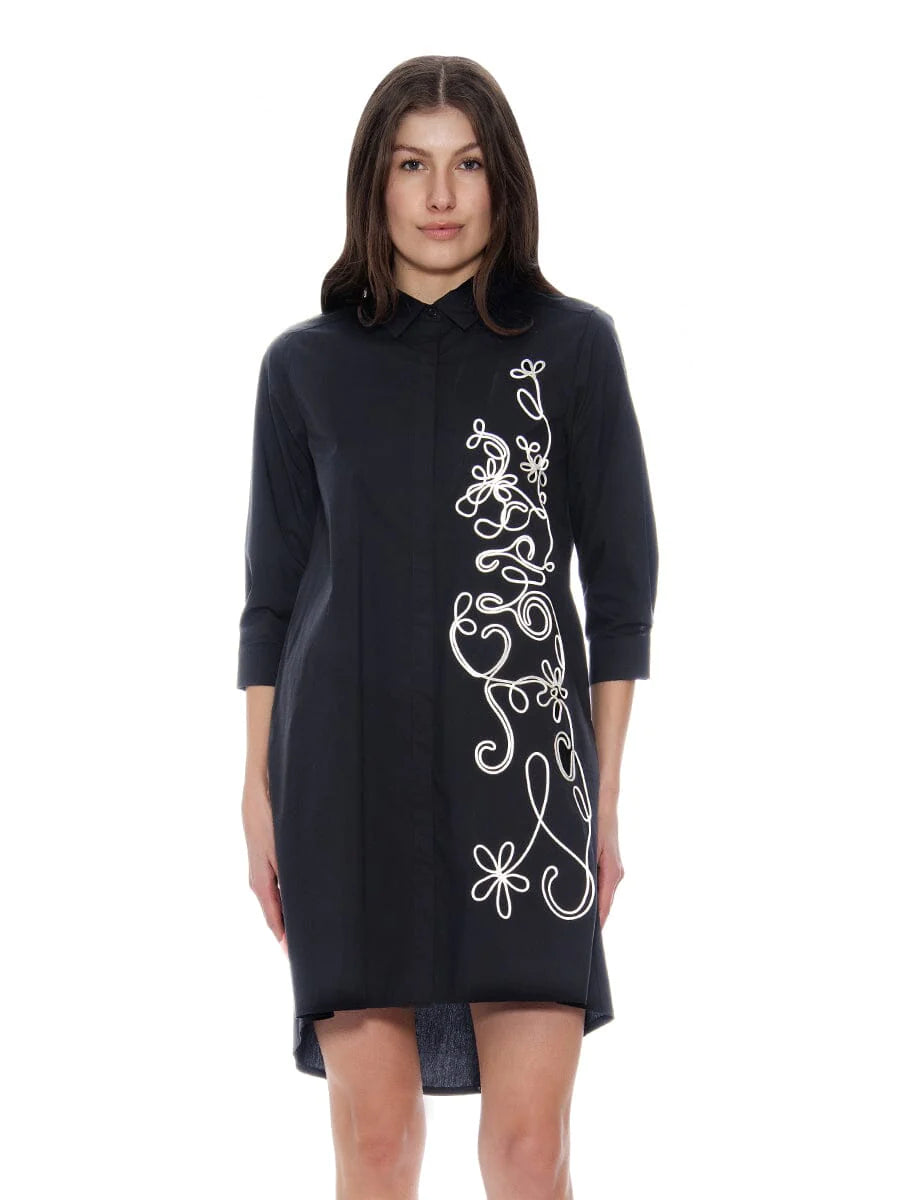 Solid Print Side Art Embroidered Shirt Dress