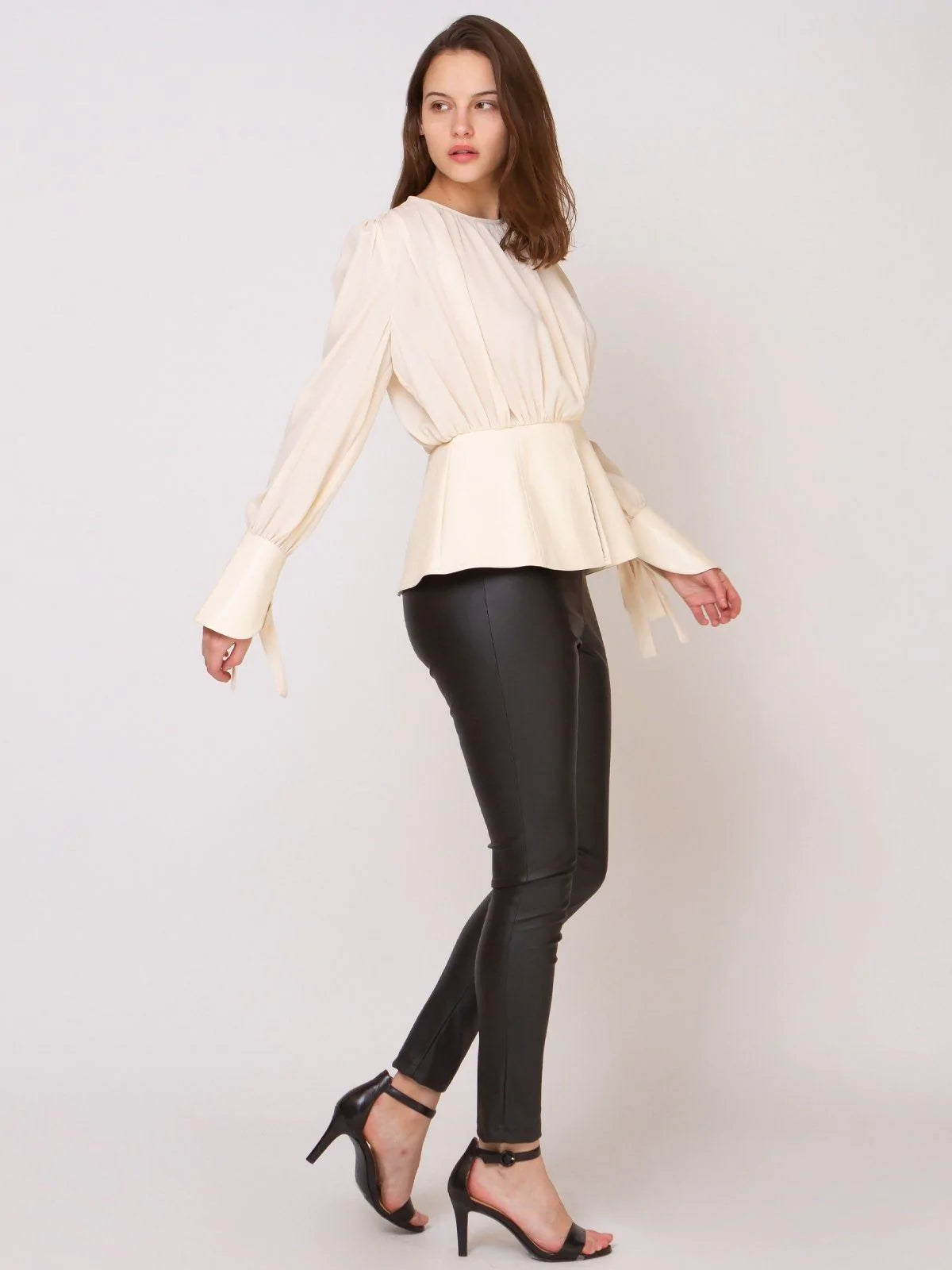 Blouse with Leather Cuffs and Peplum Bottom