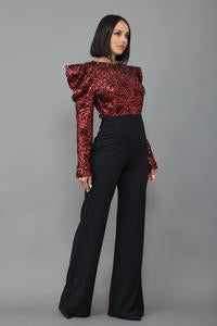 VELVET SEQUINS PRINT TOP FASHION JUMPSUIT - PUFF SHOULDER LONG SLEEVE, ZIPPER IN THE BACK