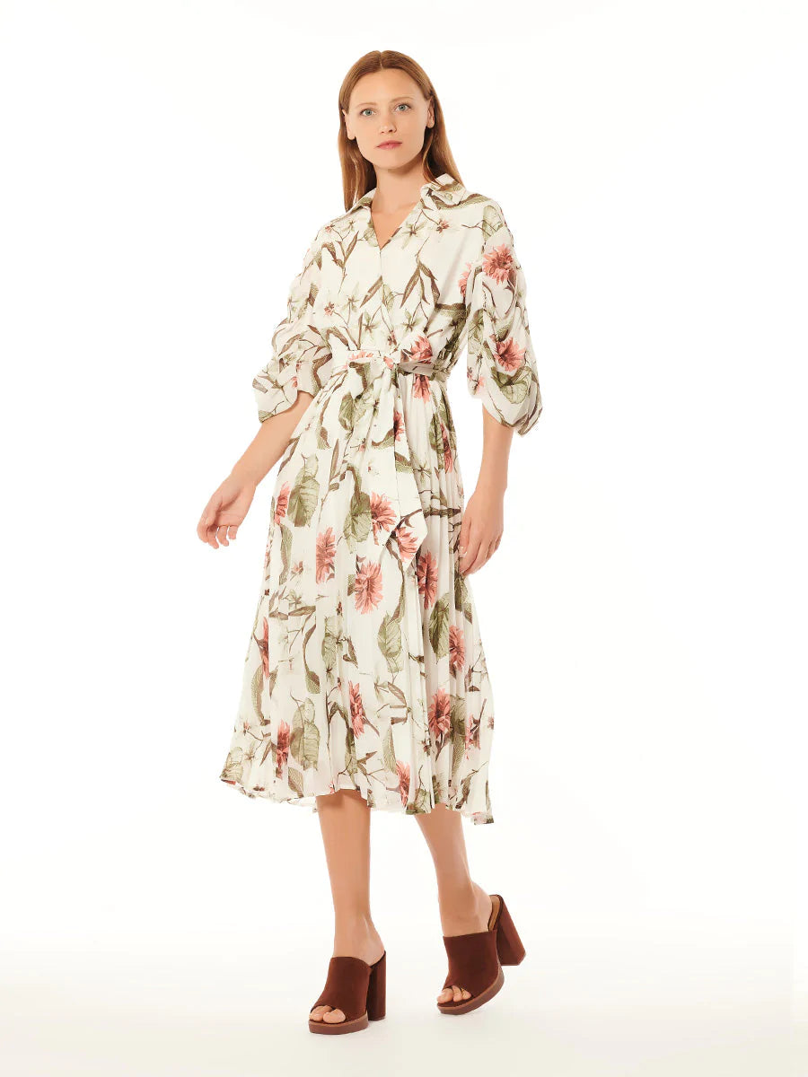 Ruched Sleeve Collared Surplice Printed Long Dress