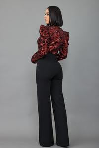 VELVET SEQUINS PRINT TOP FASHION JUMPSUIT - PUFF SHOULDER LONG SLEEVE, ZIPPER IN THE BACK