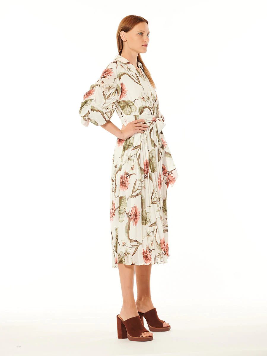 Ruched Sleeve Collared Surplice Printed Long Dress