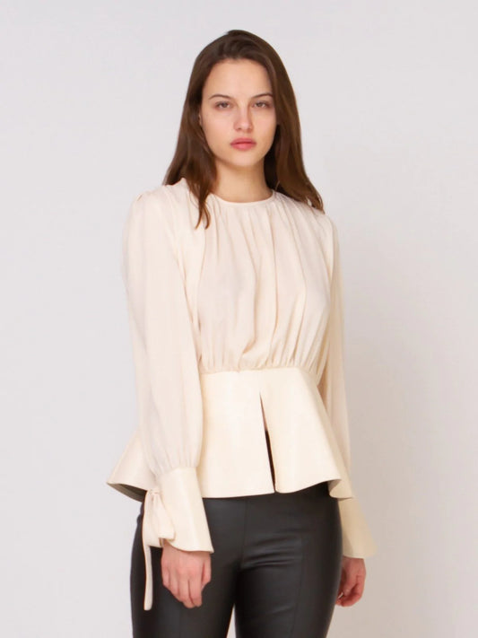 Blouse with Leather Cuffs and Peplum Bottom