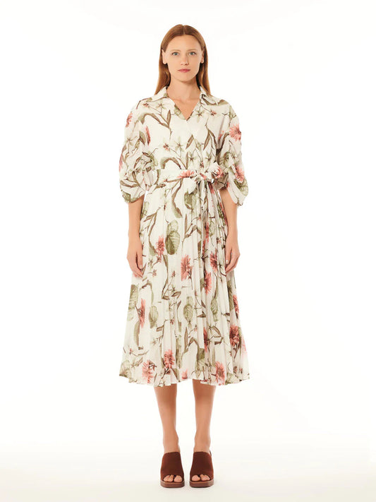 Ruched Sleeve Collared Surplice Printed Long Dress